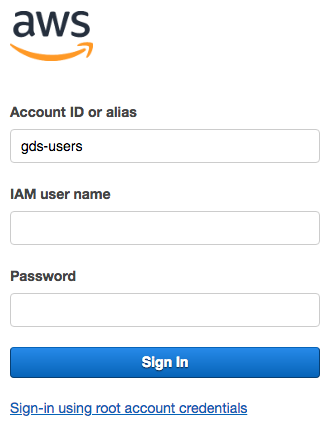 Screenshot showing AWS Sign-in screen. The 'Account ID or alias' box is filled out with 'gds-users'. 'IAM user name' and 'password' boxes are ready to fill out.